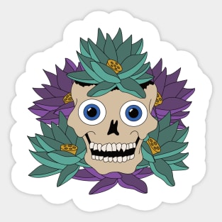 Skull Tattoo Design - Purple and Turquoise Flowers - Day Of The Dead Sticker